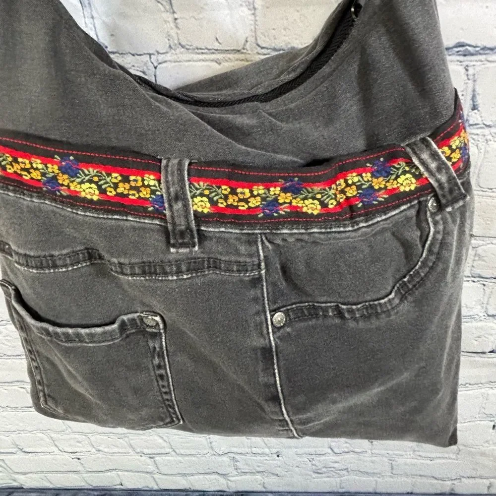 Handcrafted Black Denim Slouchy Hobo Embroidery Trim Upcycled Jean Bag Purse